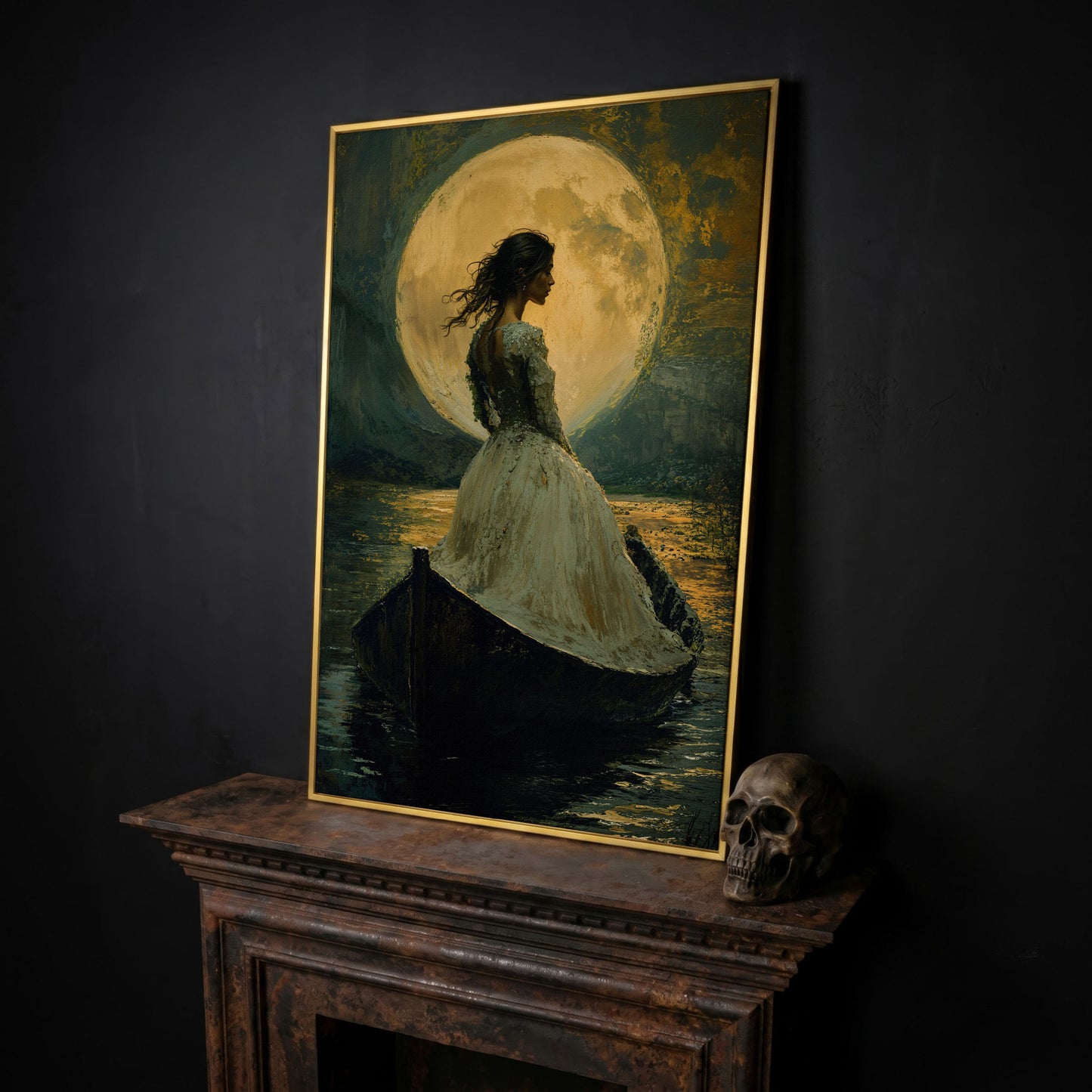 Woman in Ochre Gown Drifting Under Moonlight Canvas in yellow gold floating frame
