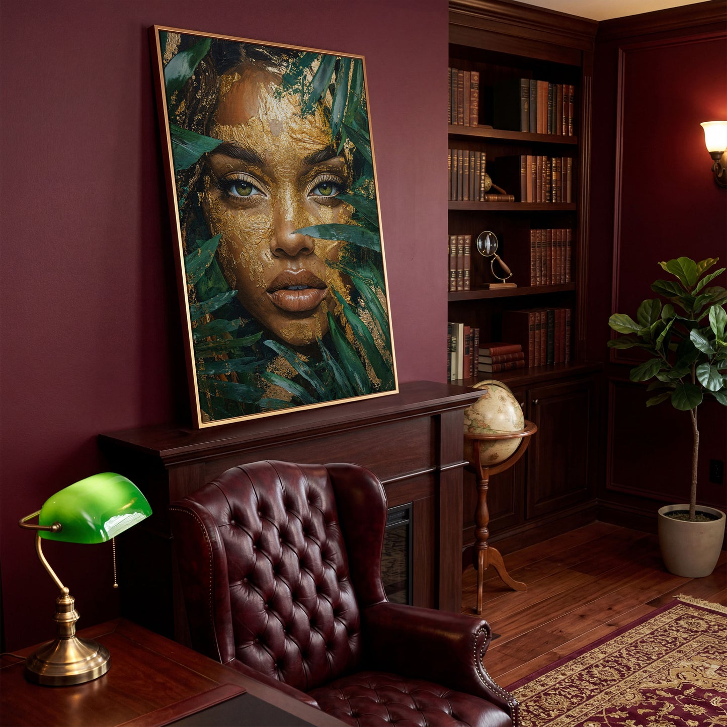 Vibrant Face with Gold Leaf Canvas Print in antique gold floating frame