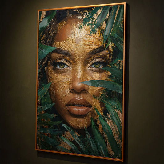 Vibrant Face with Gold Leaf Canvas Print shown in antique gold floating frame