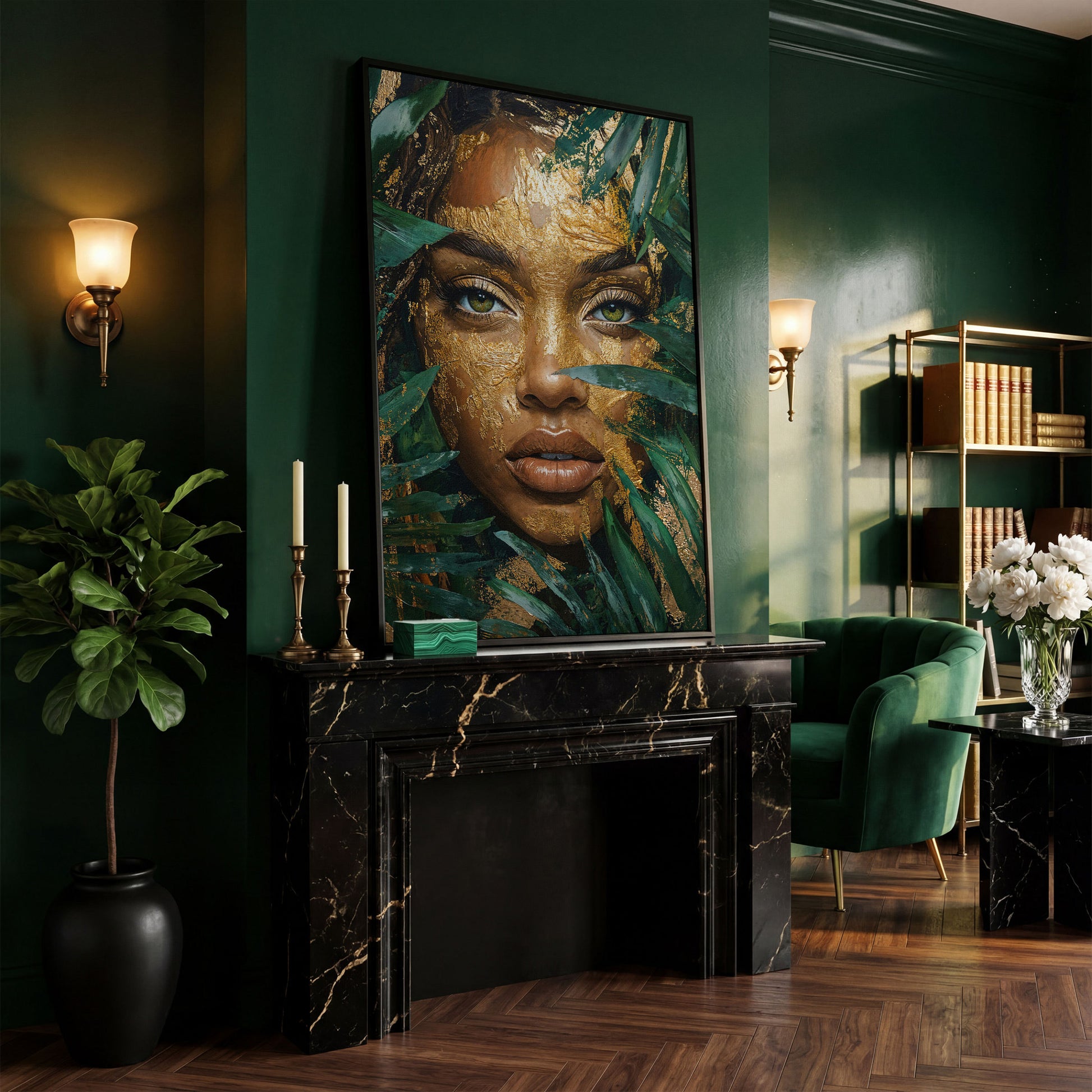 Vibrant Face with Gold Leaf Canvas Print in black floating frame