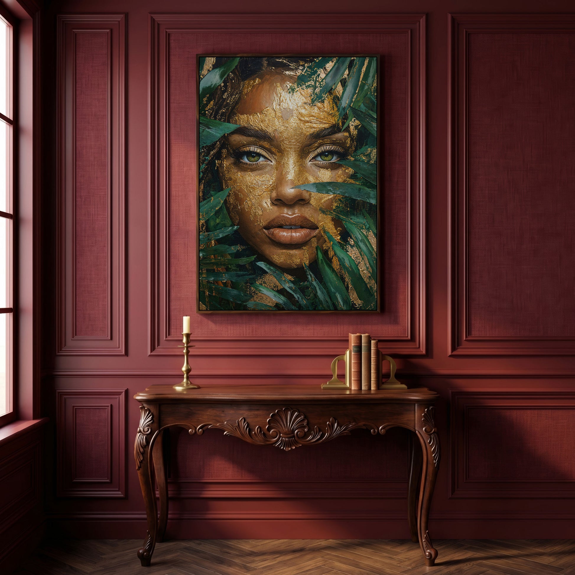 Vibrant Face with Gold Leaf Canvas Print in dark walnut floating frame