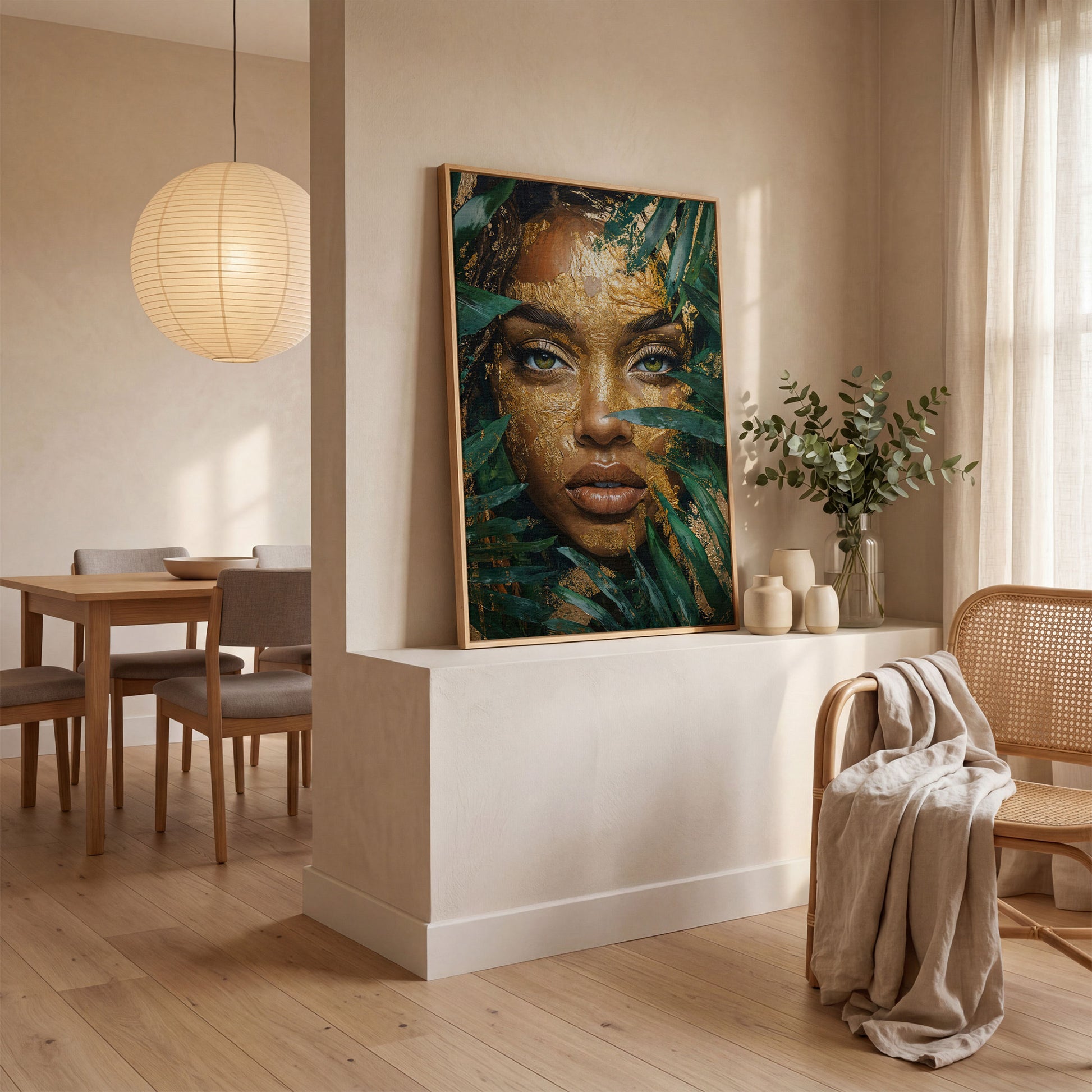 Vibrant Face with Gold Leaf Canvas Print in white oak floating frame