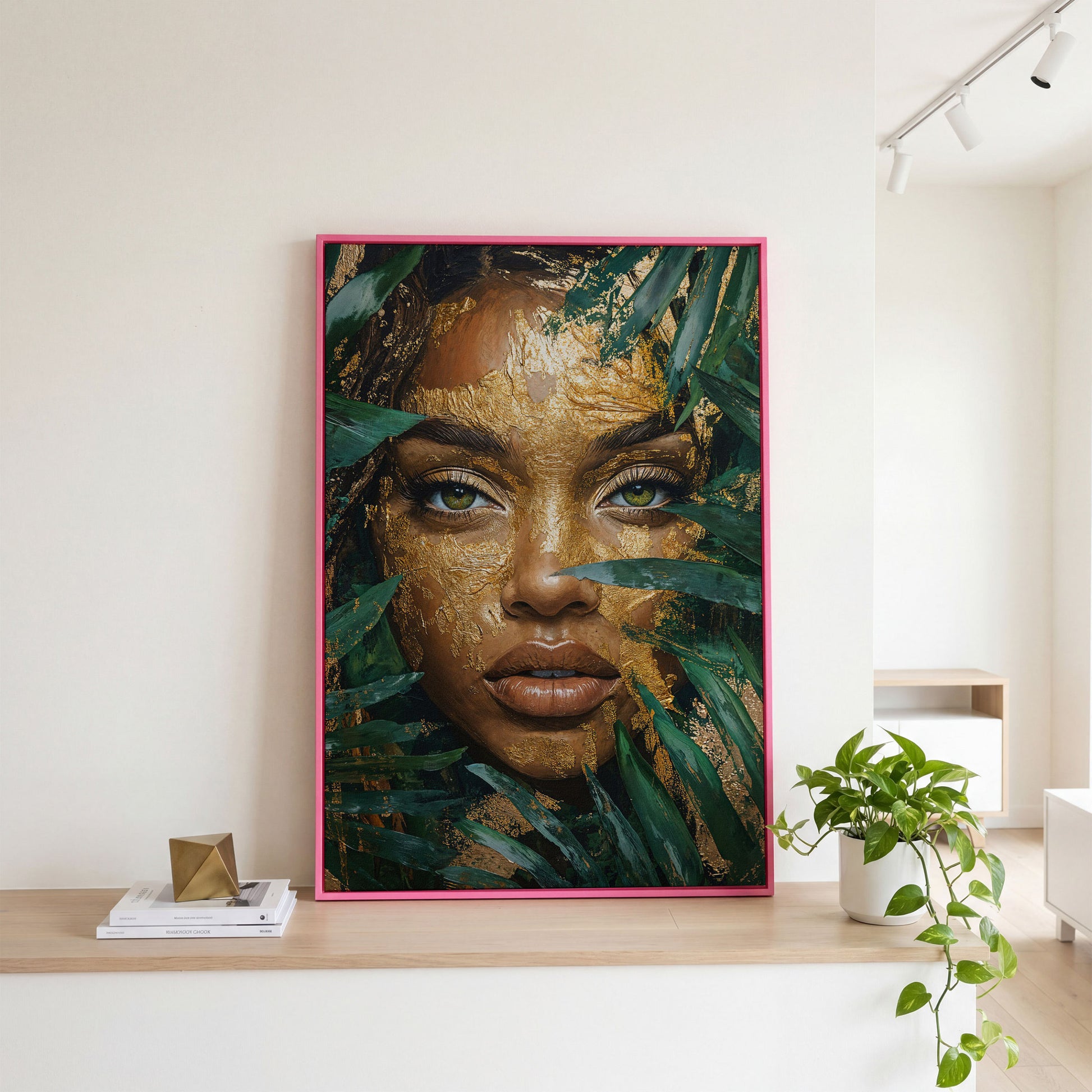 Vibrant Face with Gold Leaf Canvas Print in pink floating frame