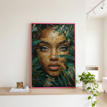 Vibrant Face with Gold Leaf Canvas Print in pink floating frame