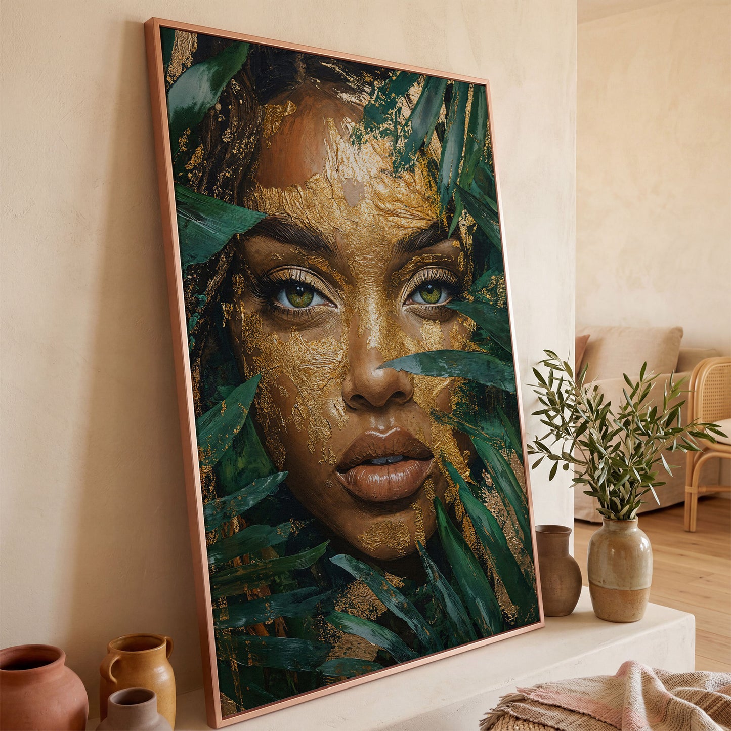 Vibrant Face with Gold Leaf Canvas Print in rose gold floating frame