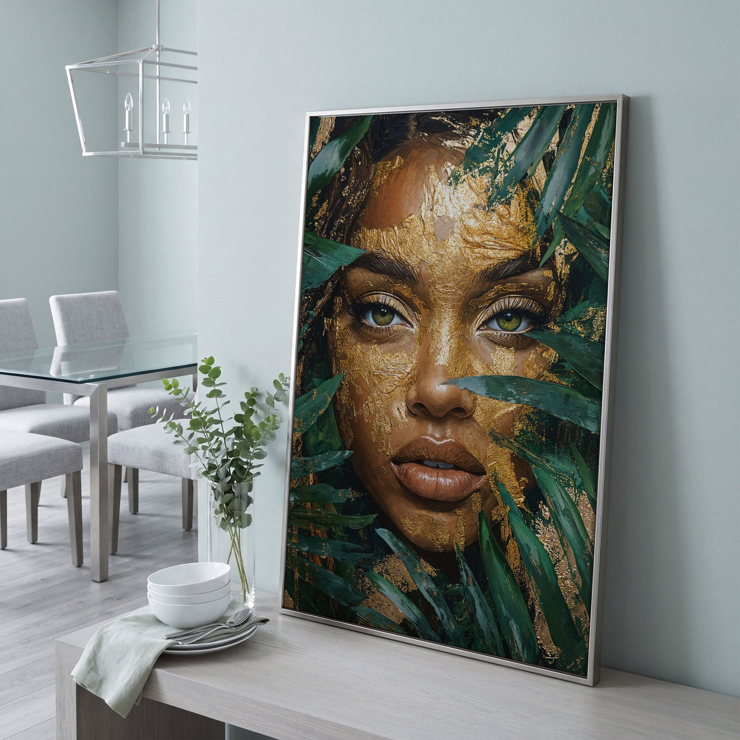 Vibrant Face with Gold Leaf Canvas Print in silver floating frame