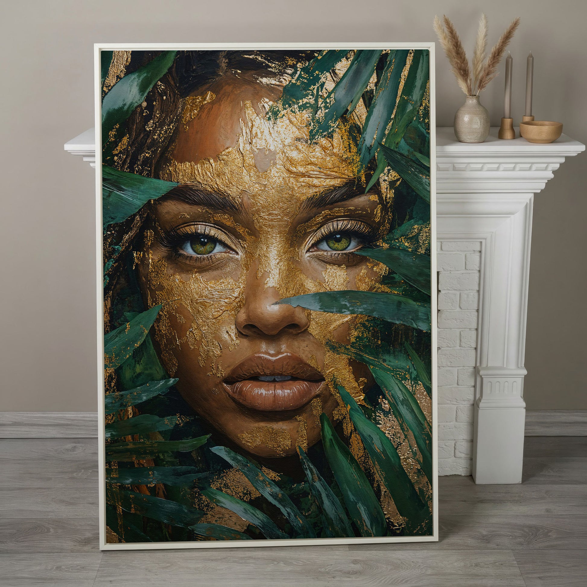 Vibrant Face with Gold Leaf Canvas Print in white floating frame