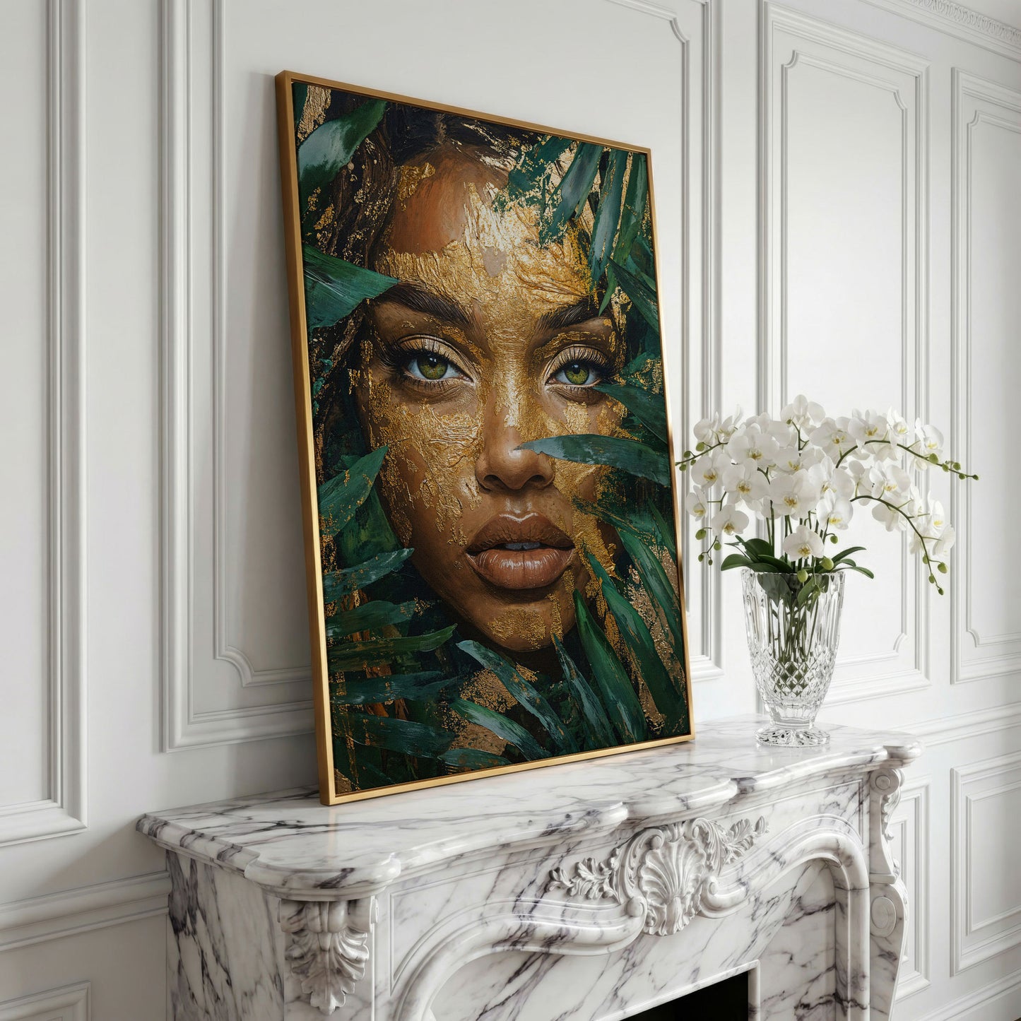Vibrant Face with Gold Leaf Canvas Print in yellow gold floating frame