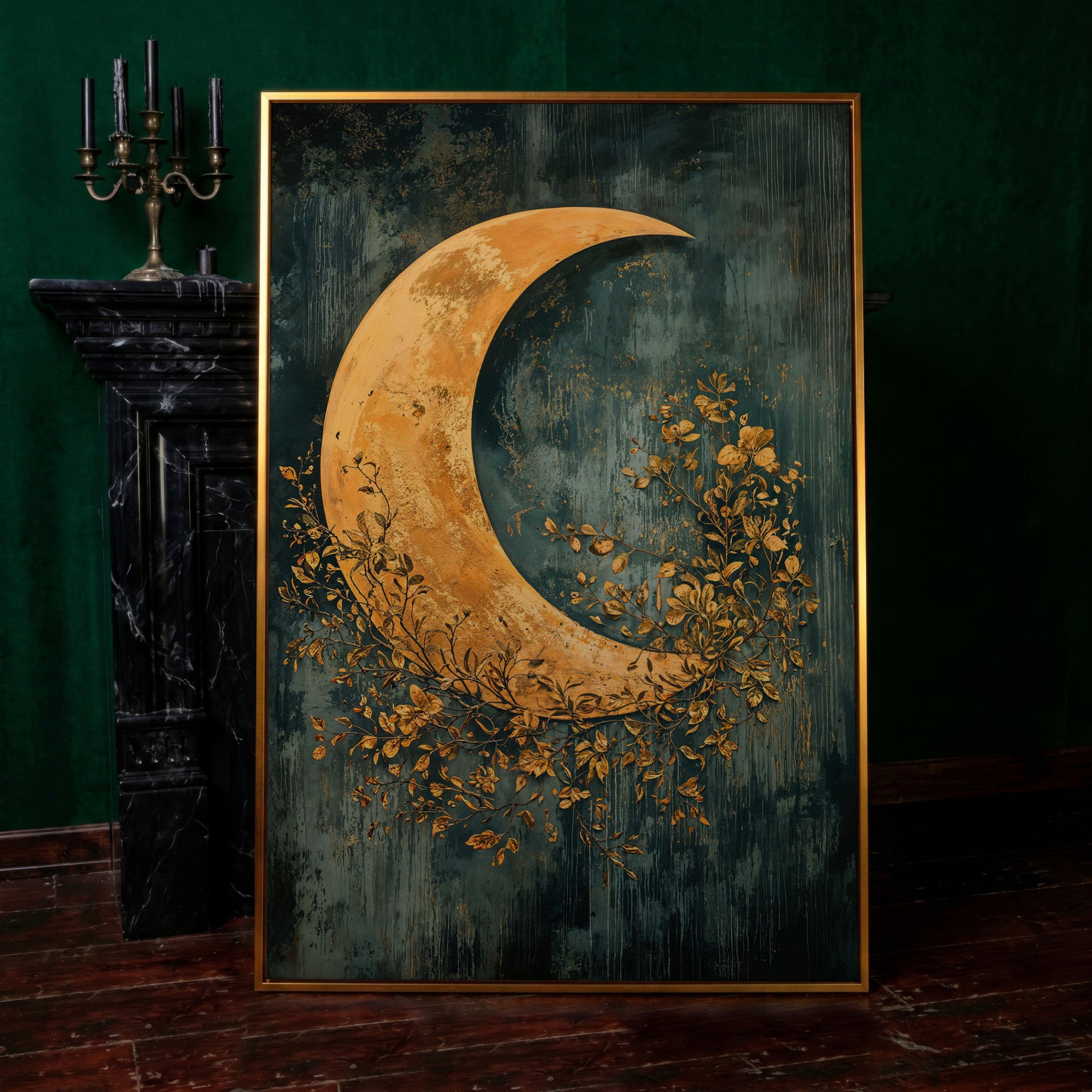 Crescent Moon and Foliage Canvas Art, Moody Celestial Wall Print in antique gold floating frame