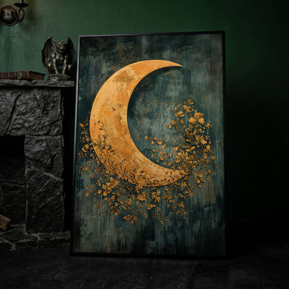 Crescent Moon and Foliage Canvas Art, Moody Celestial Wall Print in black floating frame