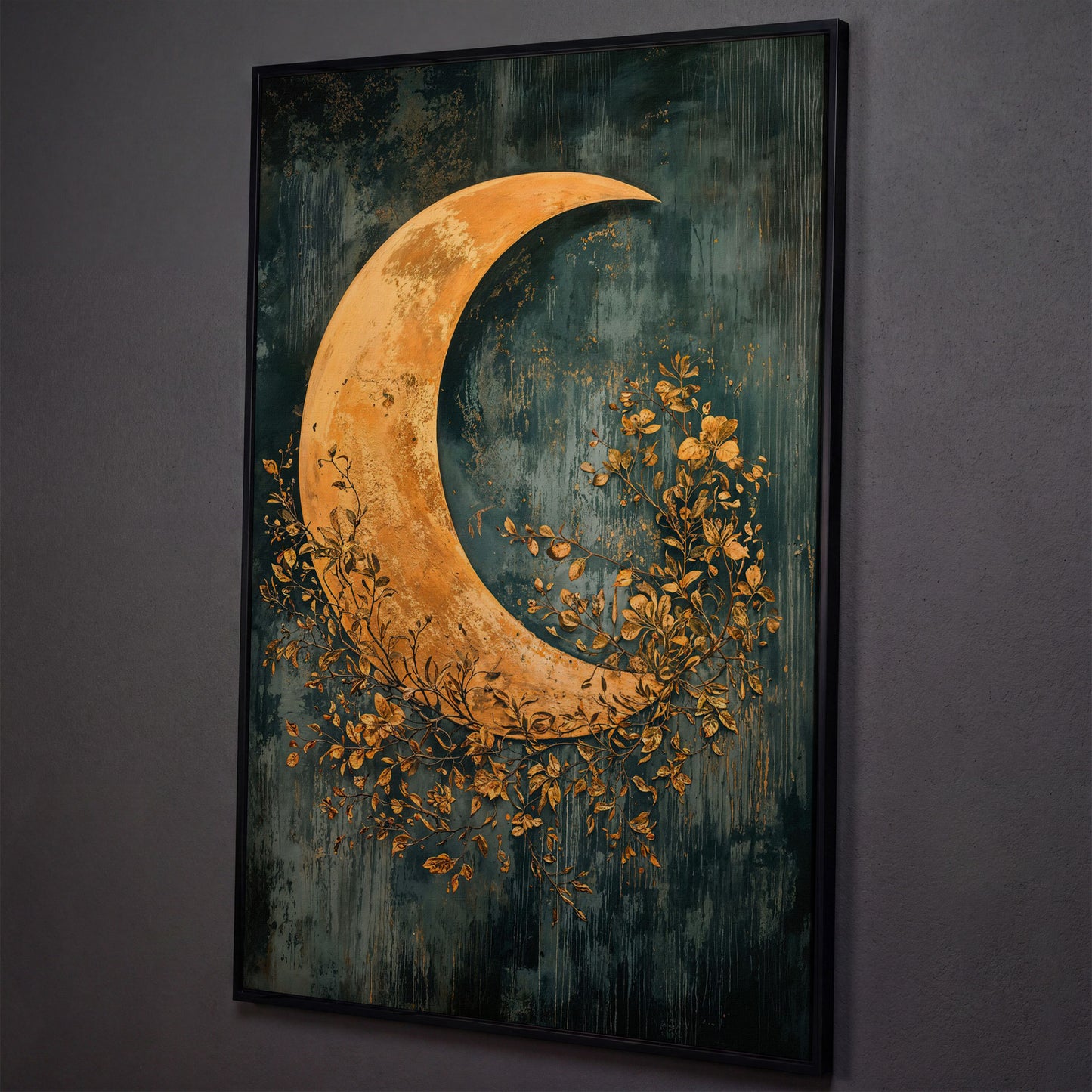 Crescent Moon and Foliage Canvas Art, Moody Celestial Wall Print shown in black floating frame