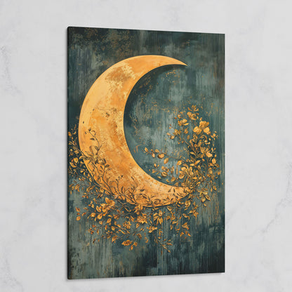 Crescent Moon and Foliage Canvas Art, Moody Celestial Wall Print on gallery wrap