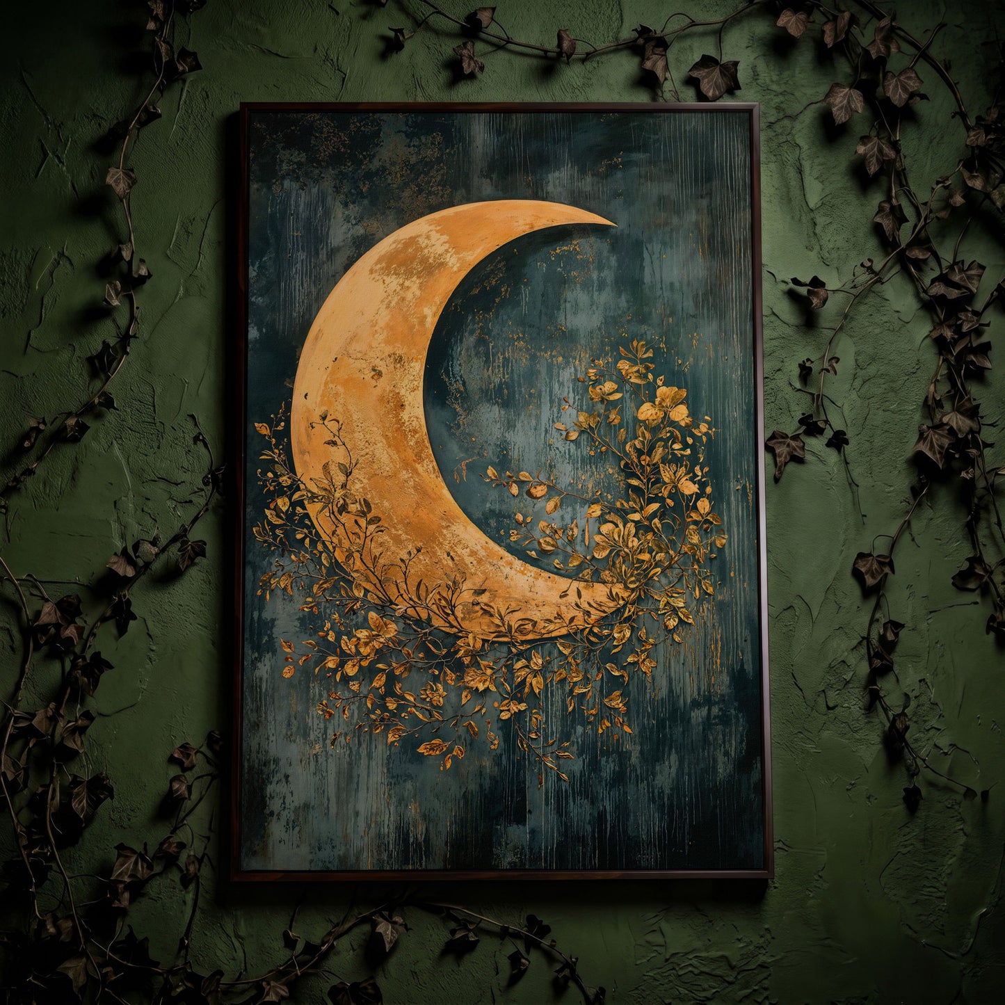 Crescent Moon and Foliage Canvas Art, Moody Celestial Wall Print in dark walnut floating frame