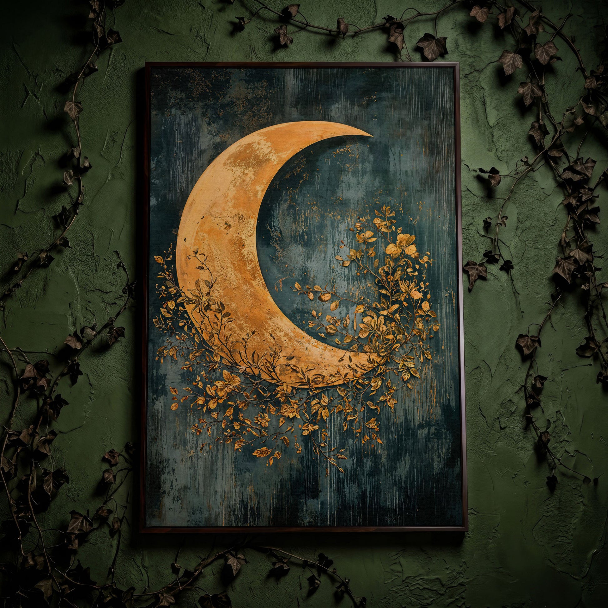 Crescent Moon and Foliage Canvas Art, Moody Celestial Wall Print in dark walnut floating frame