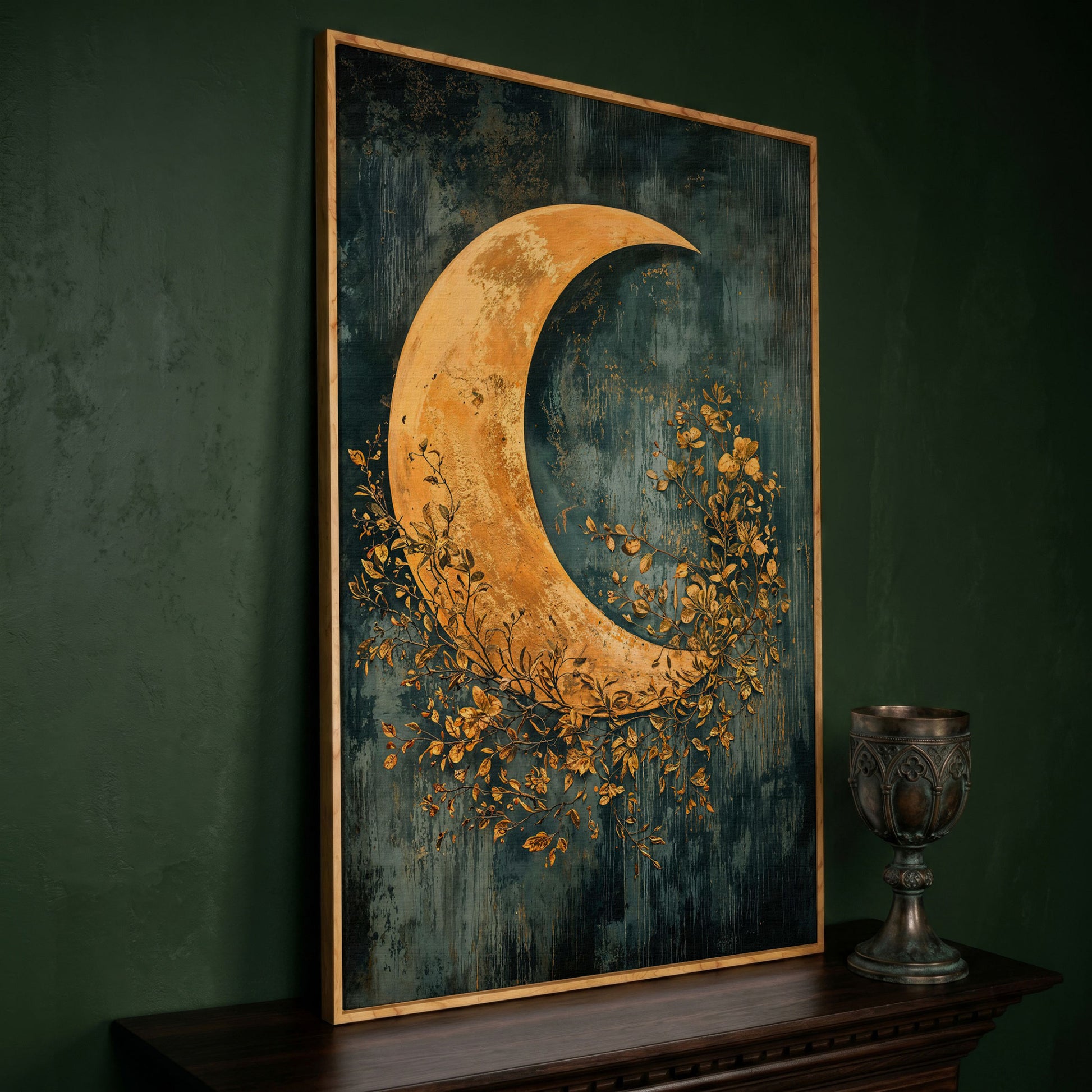 Crescent Moon and Foliage Canvas Art, Moody Celestial Wall Print in white oak floating frame