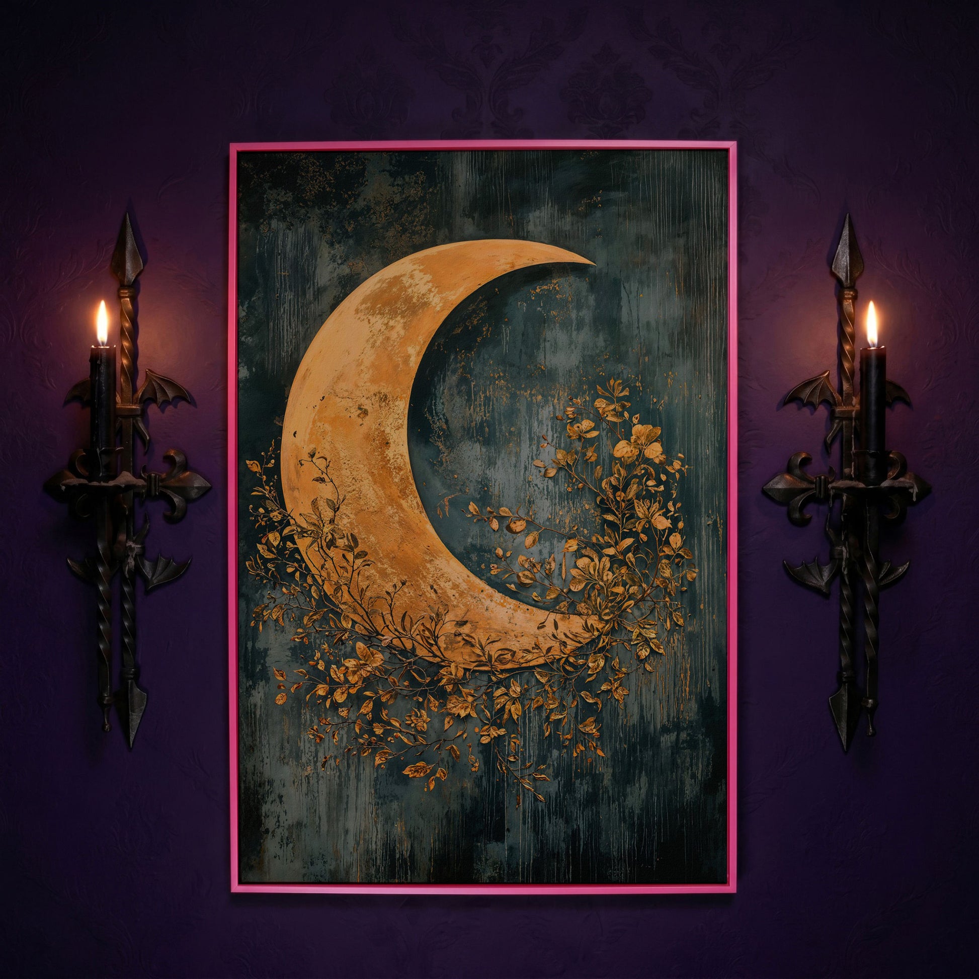 Crescent Moon and Foliage Canvas Art, Moody Celestial Wall Print in pink floating frame