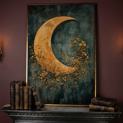 Crescent Moon and Foliage Canvas Art, Moody Celestial Wall Print in rose gold floating frame