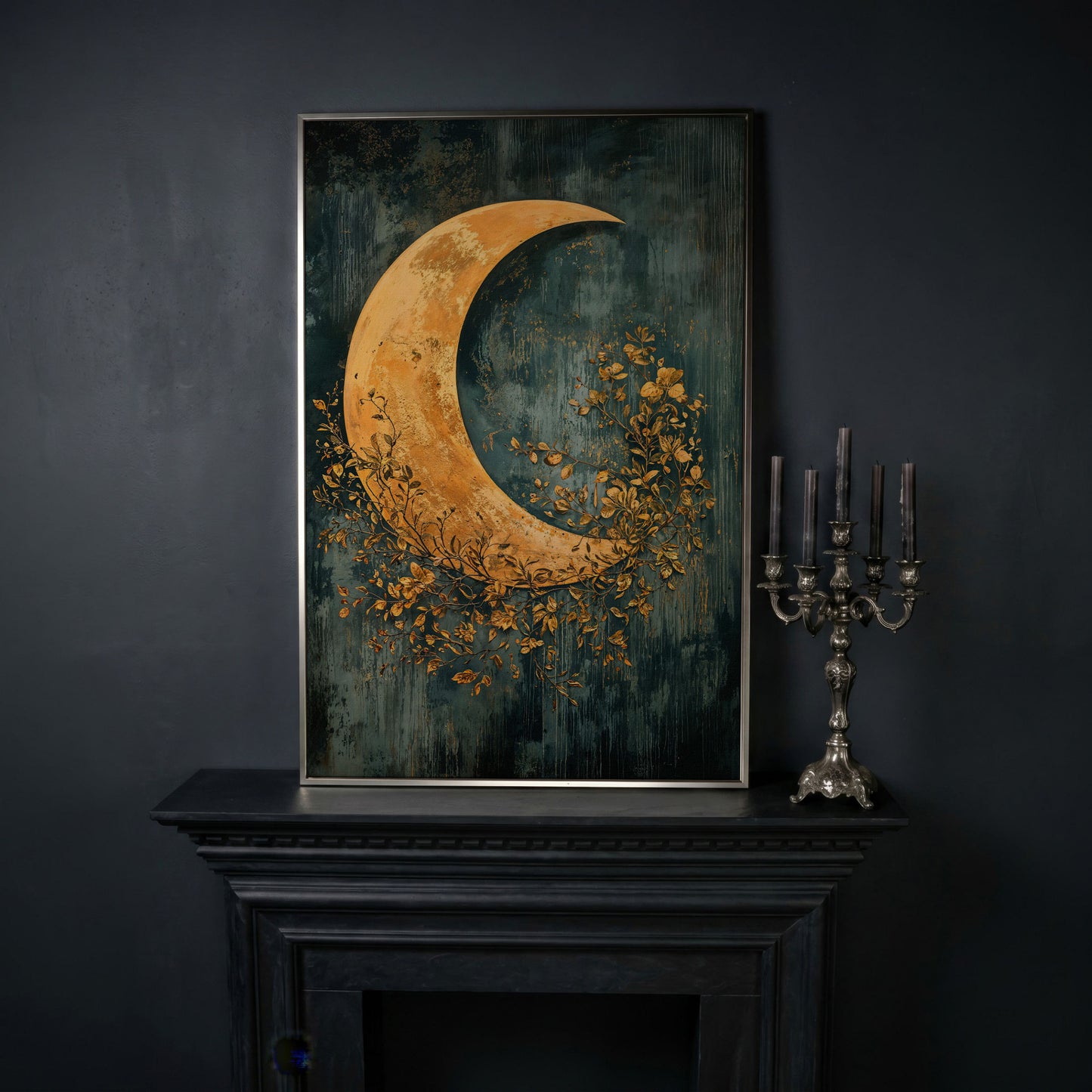 Crescent Moon and Foliage Canvas Art, Moody Celestial Wall Print in silver floating frame