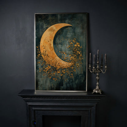 Crescent Moon and Foliage Canvas Art, Moody Celestial Wall Print in silver floating frame