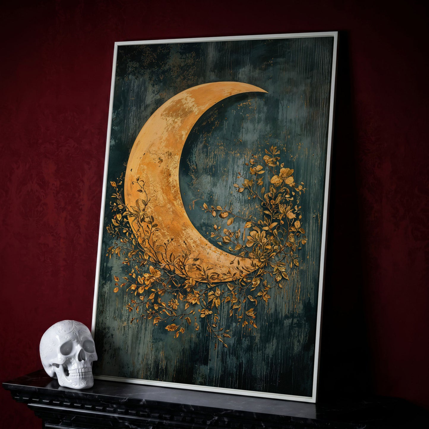 Crescent Moon and Foliage Canvas Art, Moody Celestial Wall Print in white floating frame