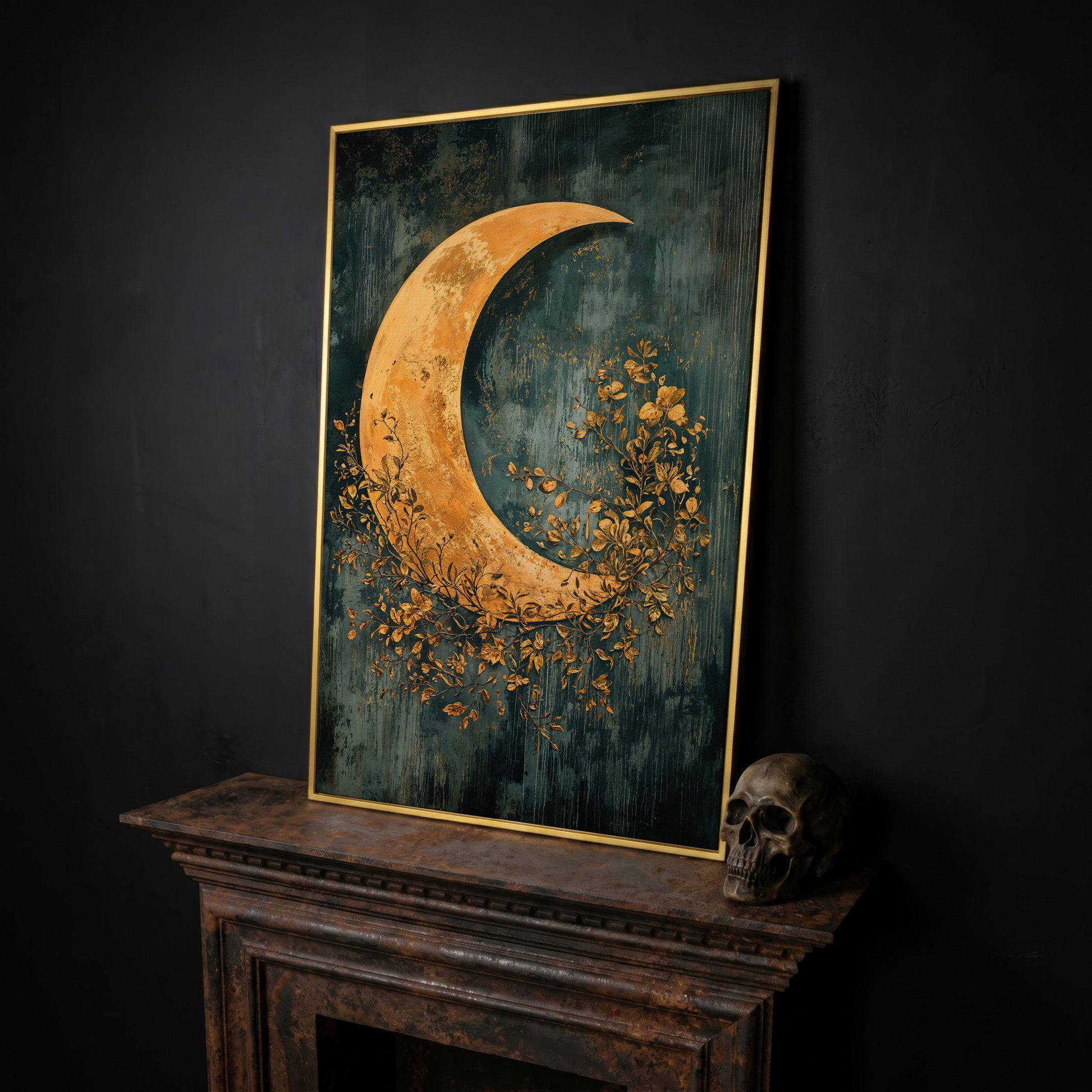 Crescent Moon and Foliage Canvas Art, Moody Celestial Wall Print in yellow gold floating frame