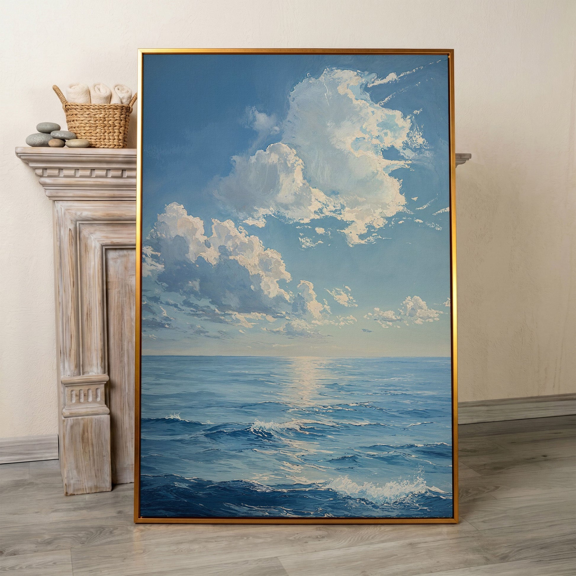 Ocean Sunrise with Waves Canvas Print in antique gold floating frame