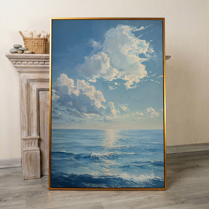 Ocean Sunrise with Waves Canvas Print in antique gold floating frame