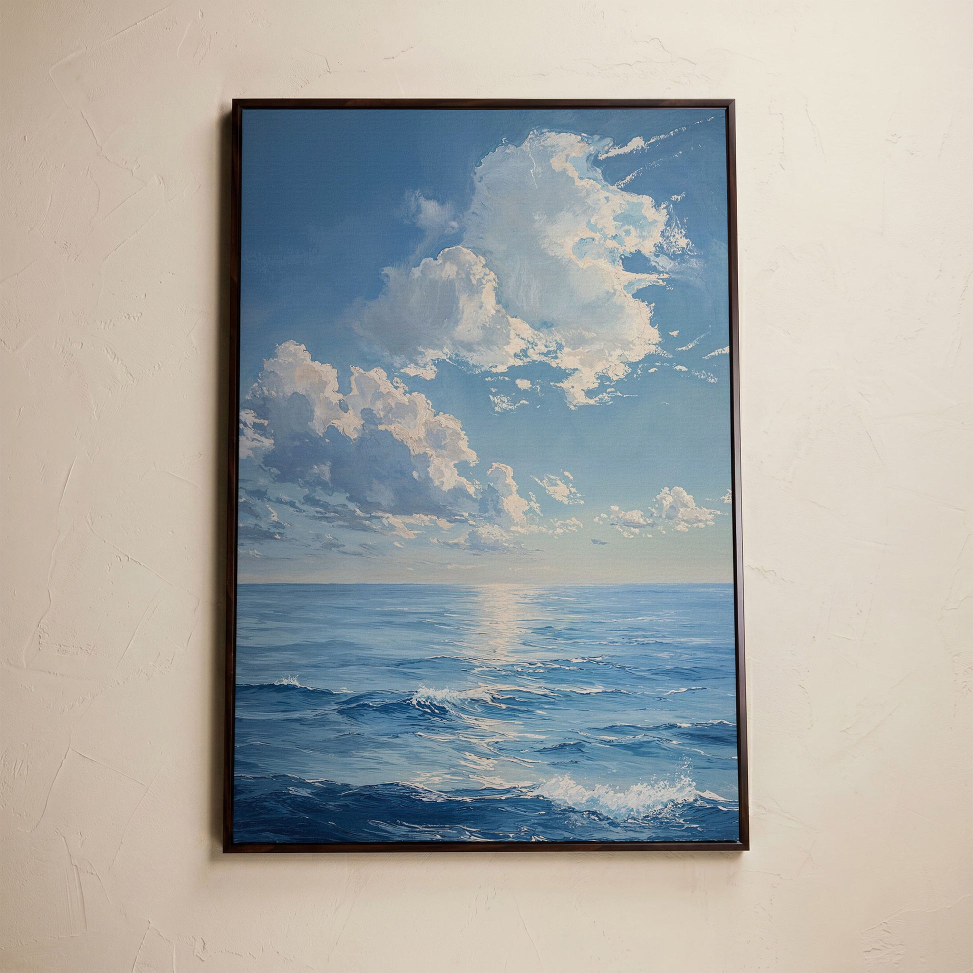 Ocean Sunrise with Waves Canvas Print in dark walnut floating frame