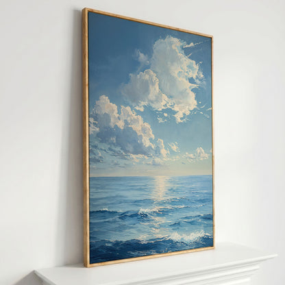 Ocean Sunrise with Waves Canvas Print in white oak floating frame