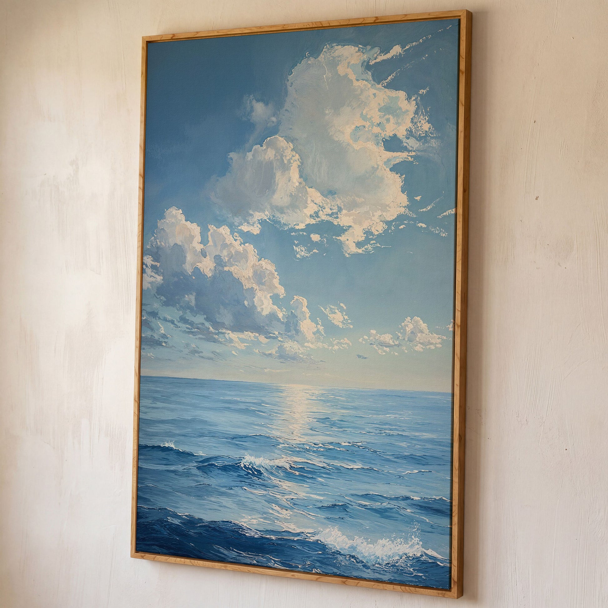 Ocean Sunrise with Waves Canvas Print shown in white oak floating frame