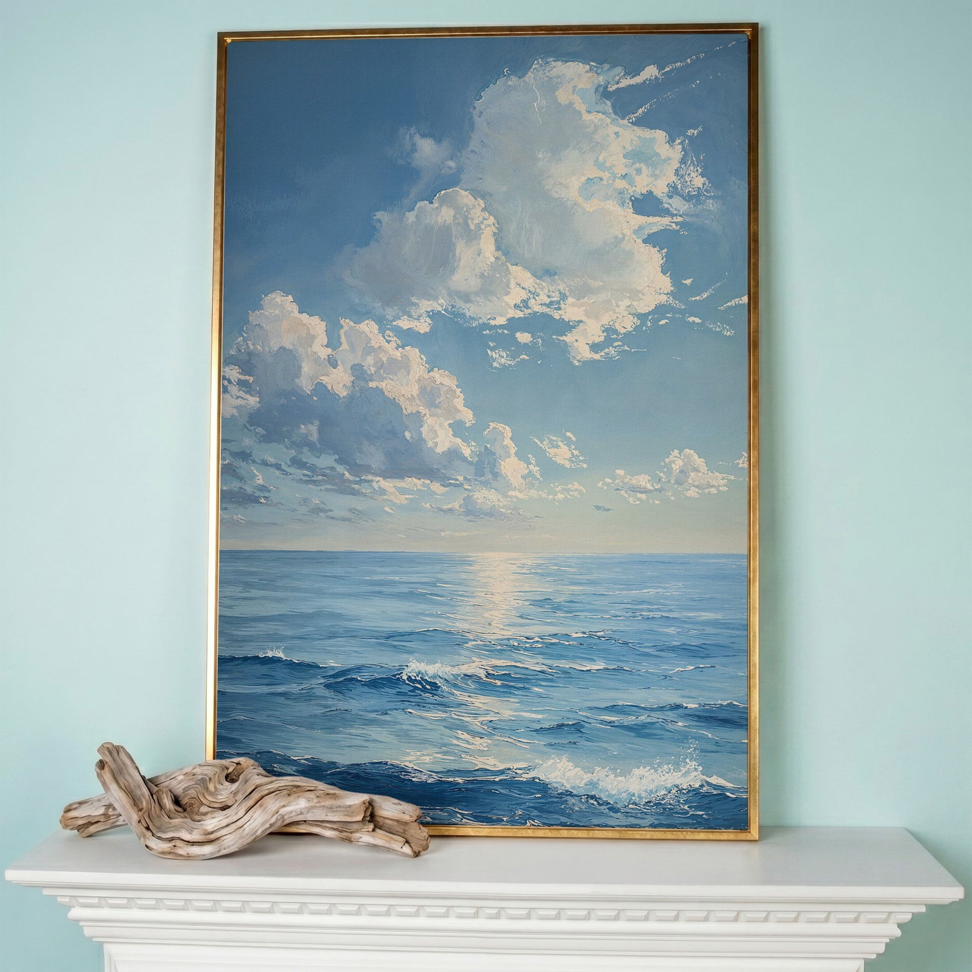Ocean Sunrise with Waves Canvas Print in rose gold floating frame