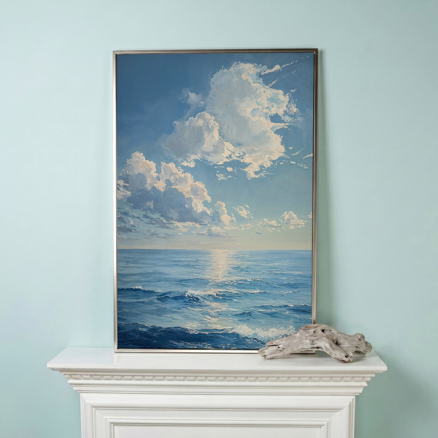 Ocean Sunrise with Waves Canvas Print in silver floating frame