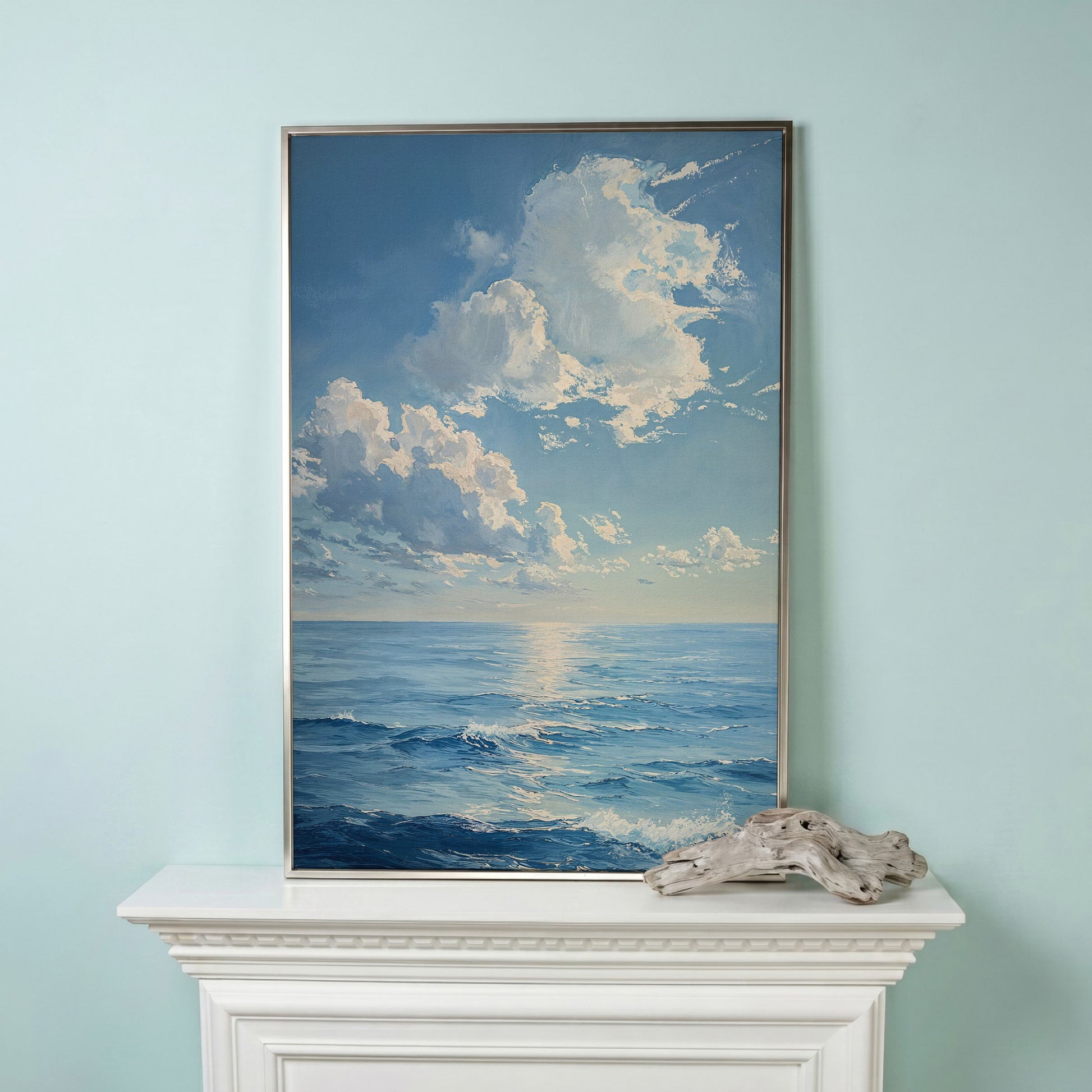 Ocean Sunrise with Waves Canvas Print in silver floating frame