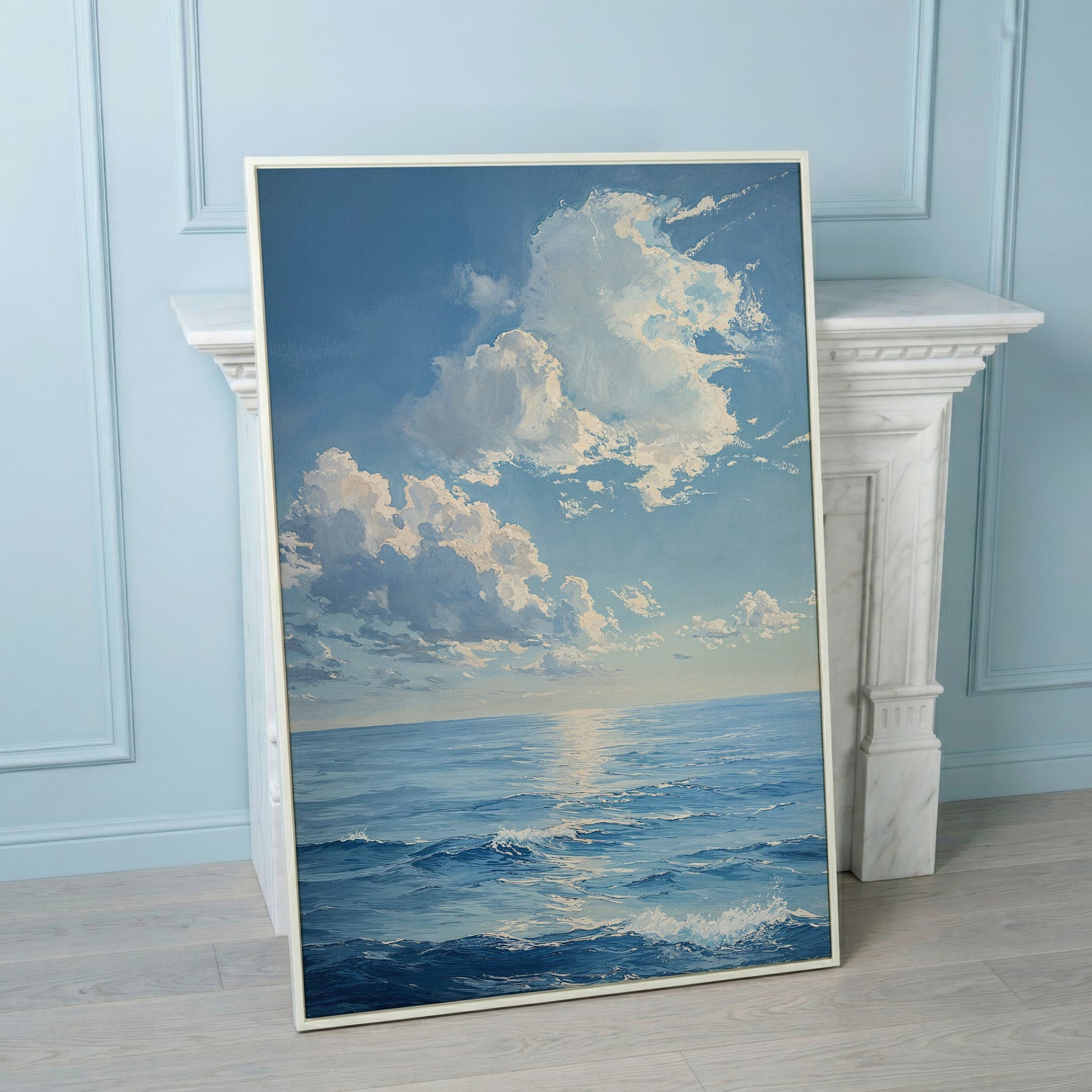 Ocean Sunrise with Waves Canvas Print in white floating frame