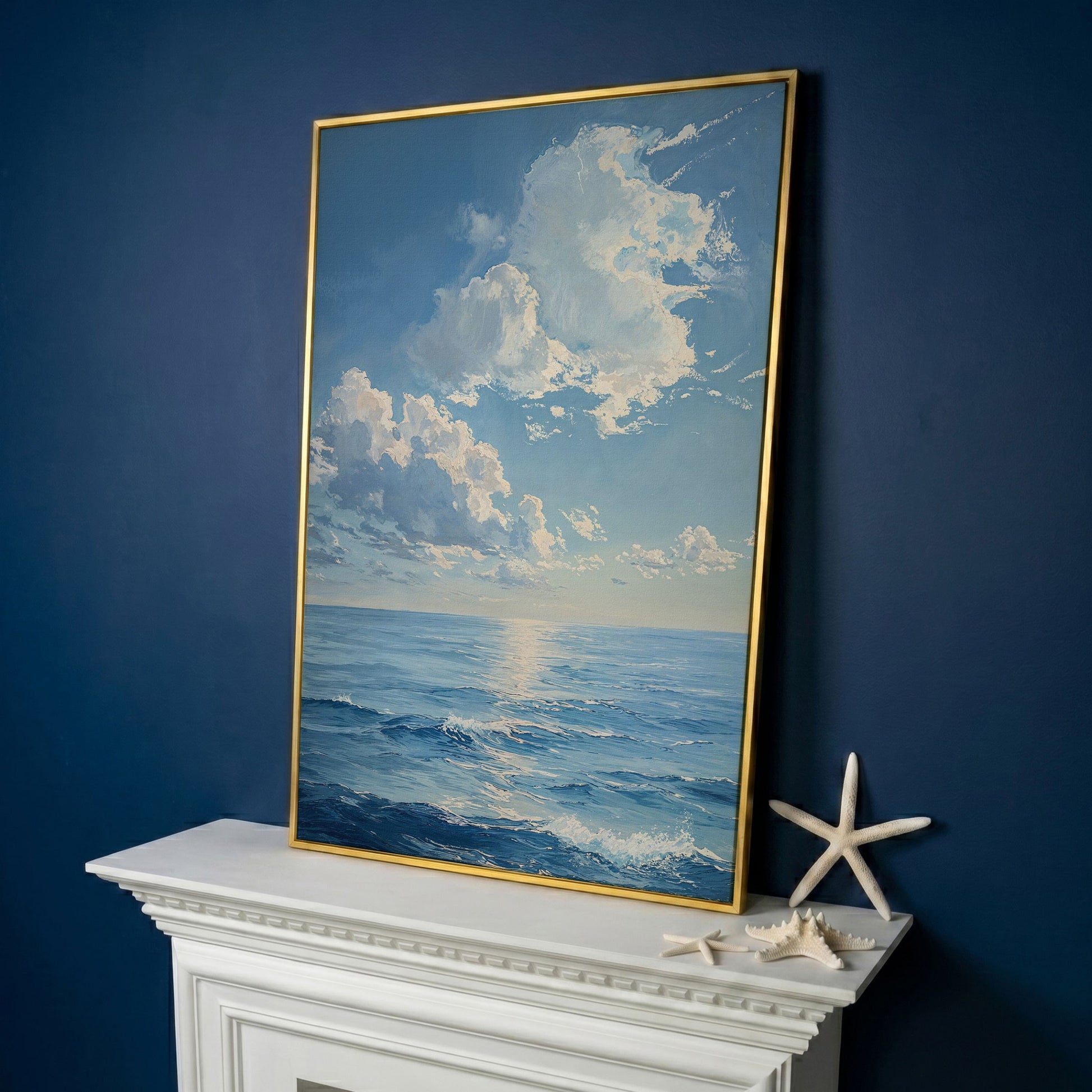 Ocean Sunrise with Waves Canvas Print in yellow gold floating frame