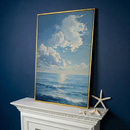 Ocean Sunrise with Waves Canvas Print in yellow gold floating frame