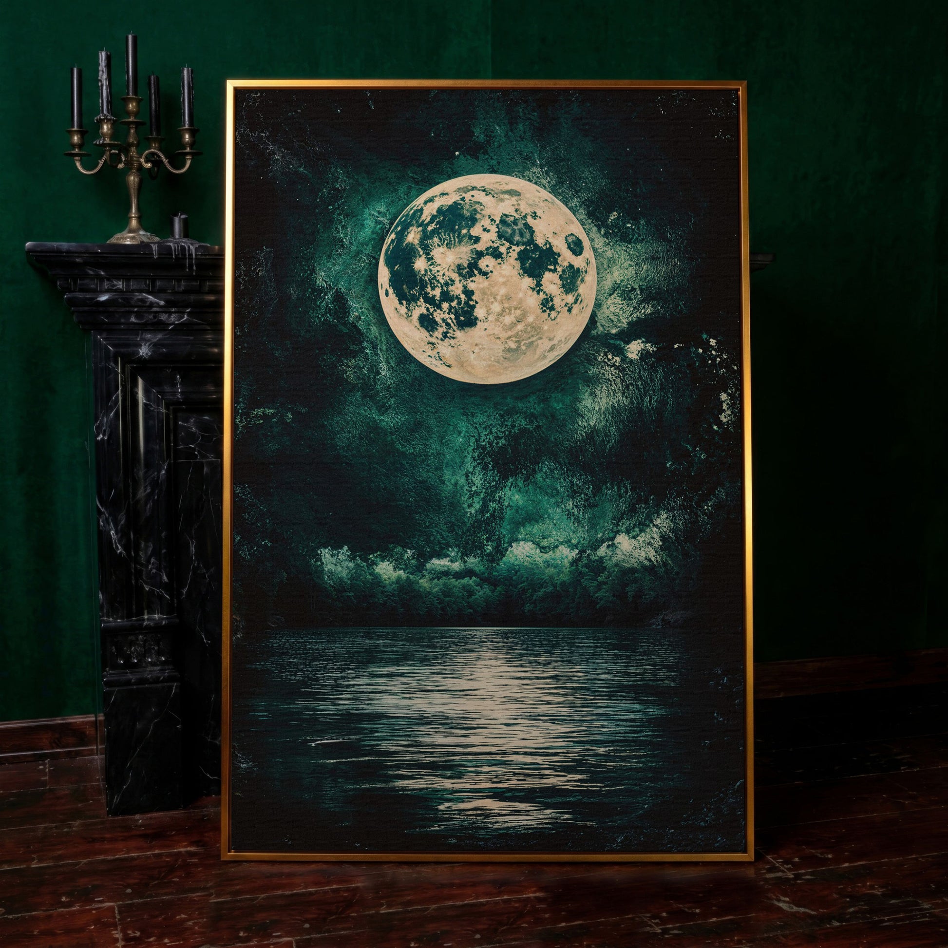 Full Moon Over Still Lake, Painterly Sky Canvas Art in antique gold floating frame