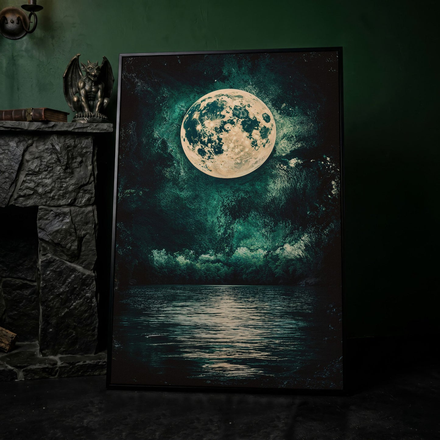 Full Moon Over Still Lake, Painterly Sky Canvas Art in black floating frame