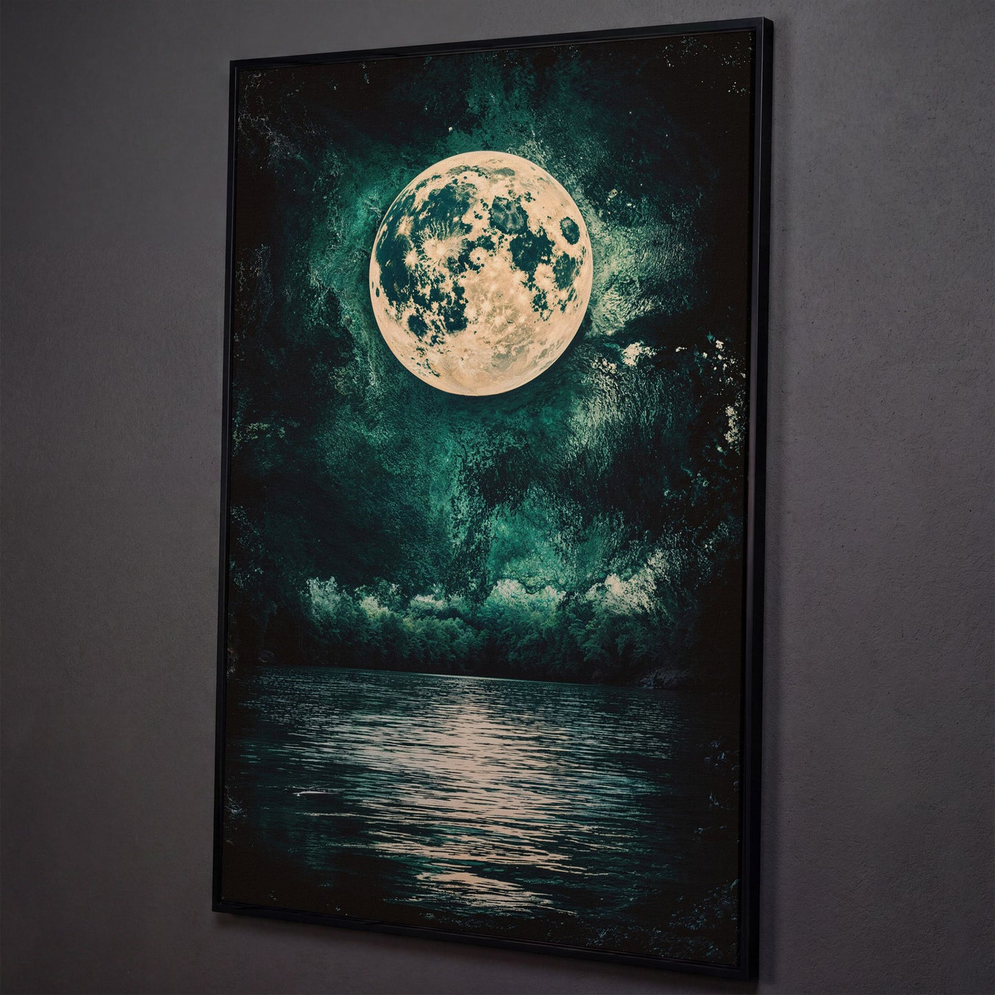 Full Moon Over Still Lake, Painterly Sky Canvas Art shown in black floating frame