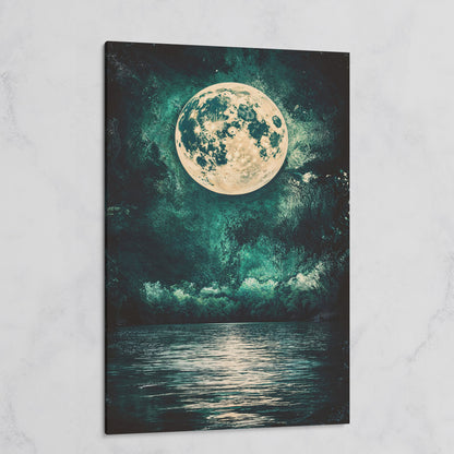 Full Moon Over Still Lake, Painterly Sky Canvas Art on gallery wrap