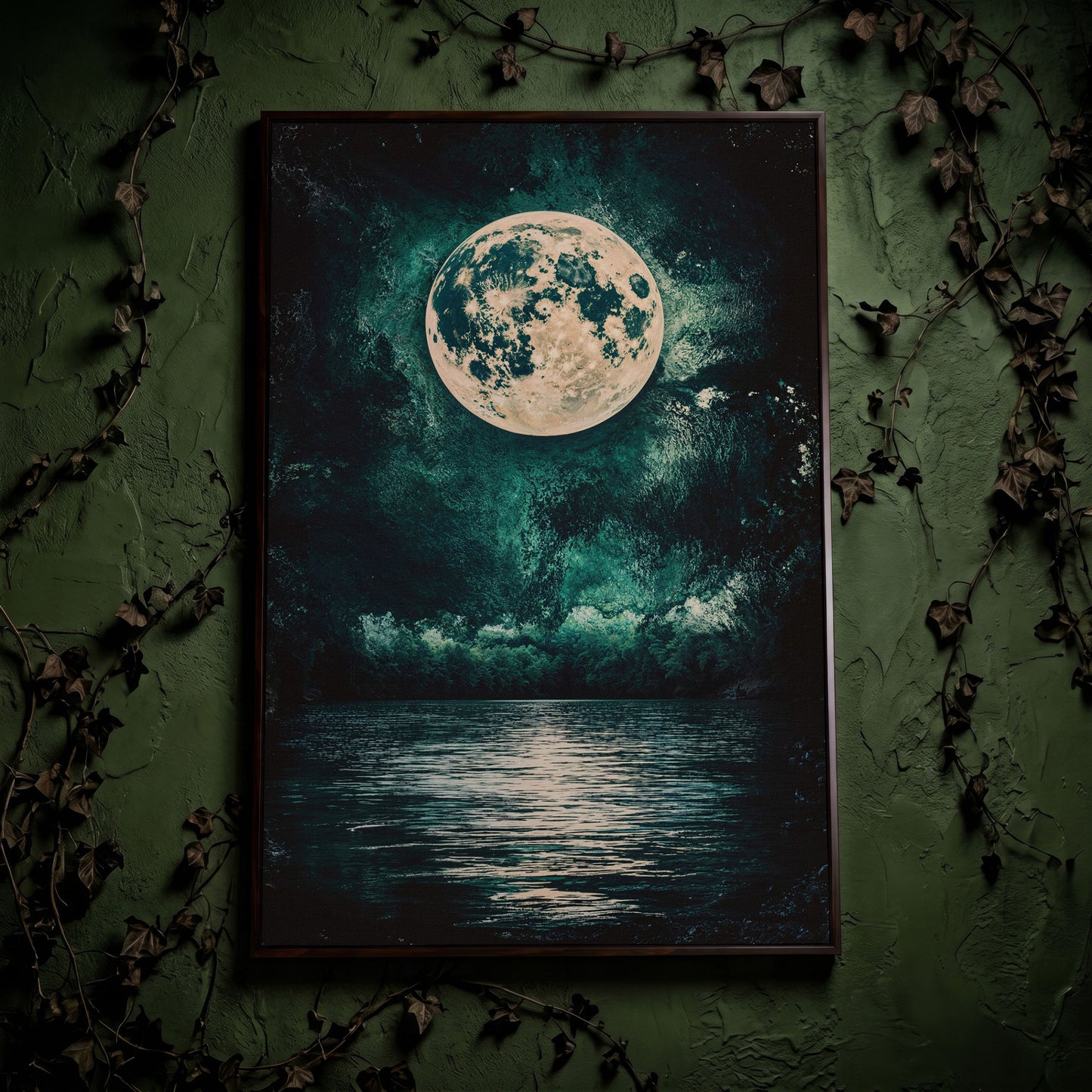 Full Moon Over Still Lake, Painterly Sky Canvas Art in dark walnut floating frame