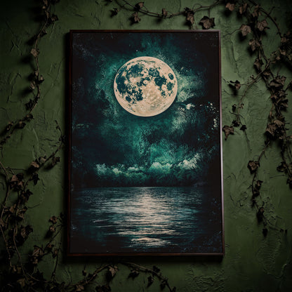Full Moon Over Still Lake, Painterly Sky Canvas Art in dark walnut floating frame