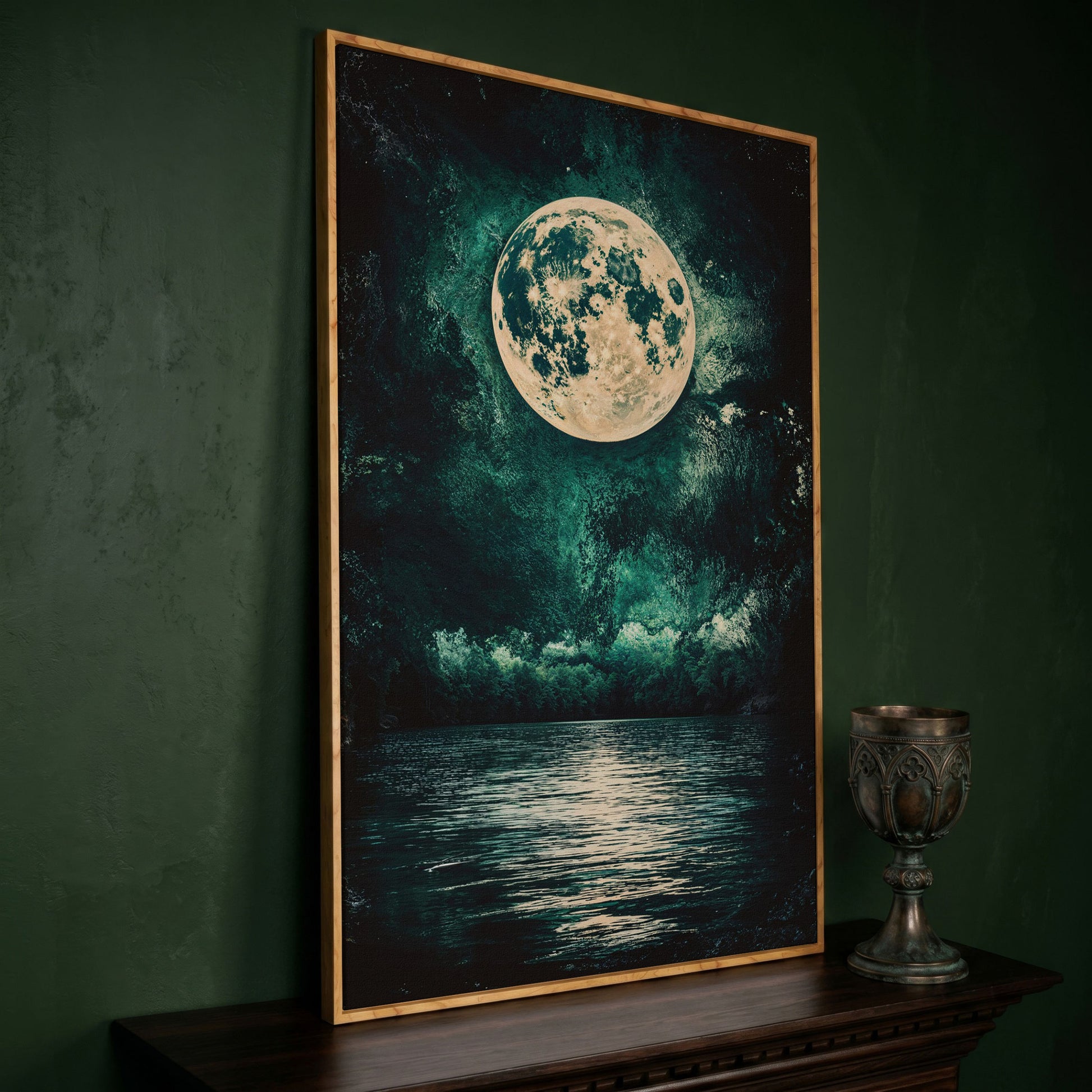 Full Moon Over Still Lake, Painterly Sky Canvas Art in white oak floating frame