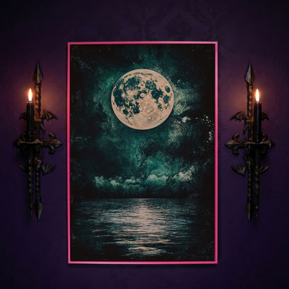 Full Moon Over Still Lake, Painterly Sky Canvas Art in pink floating frame