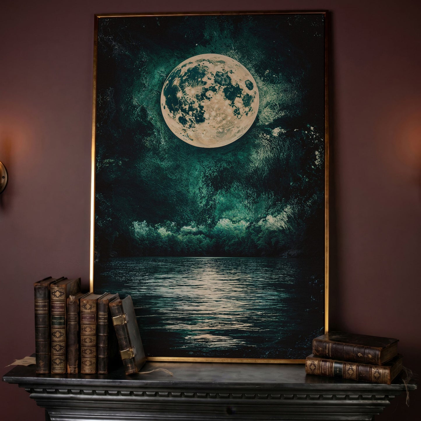 Full Moon Over Still Lake, Painterly Sky Canvas Art in rose gold floating frame