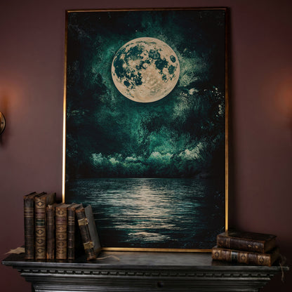 Full Moon Over Still Lake, Painterly Sky Canvas Art in rose gold floating frame
