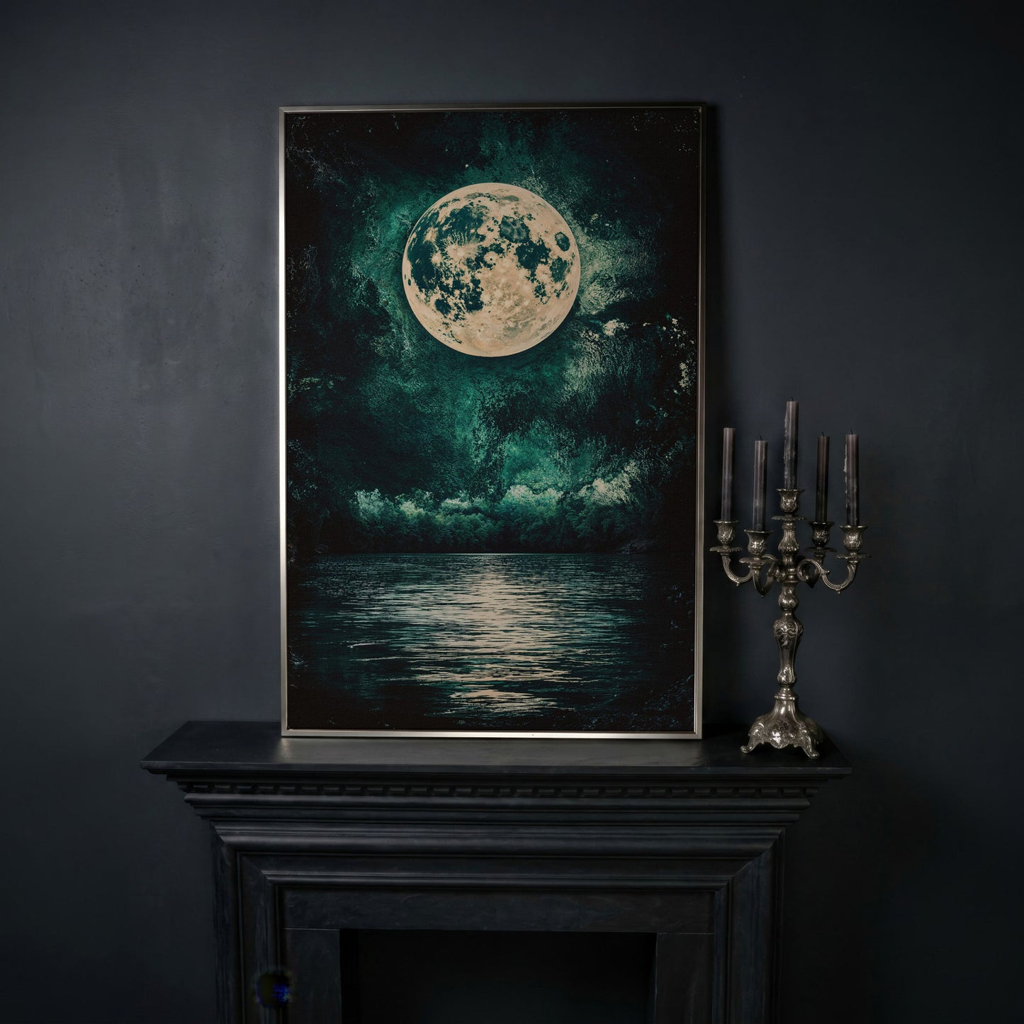 Full Moon Over Still Lake, Painterly Sky Canvas Art in silver floating frame