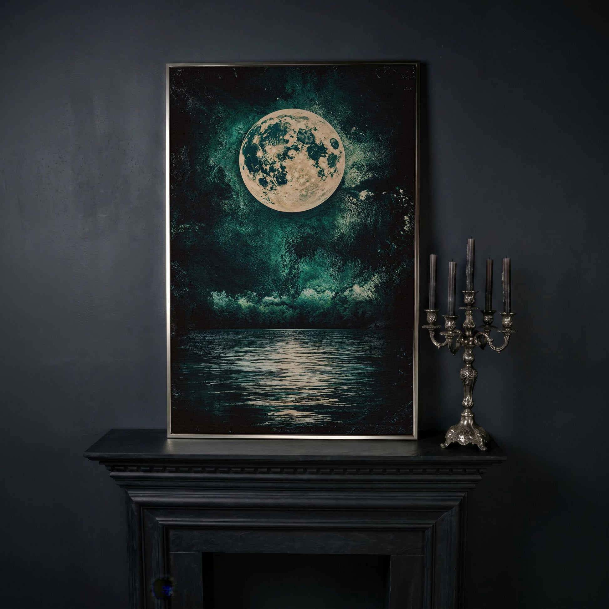 Full Moon Over Still Lake, Painterly Sky Canvas Art in silver floating frame
