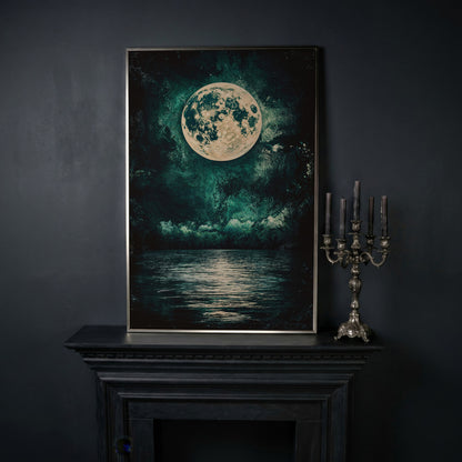 Full Moon Over Still Lake, Painterly Sky Canvas Art in silver floating frame