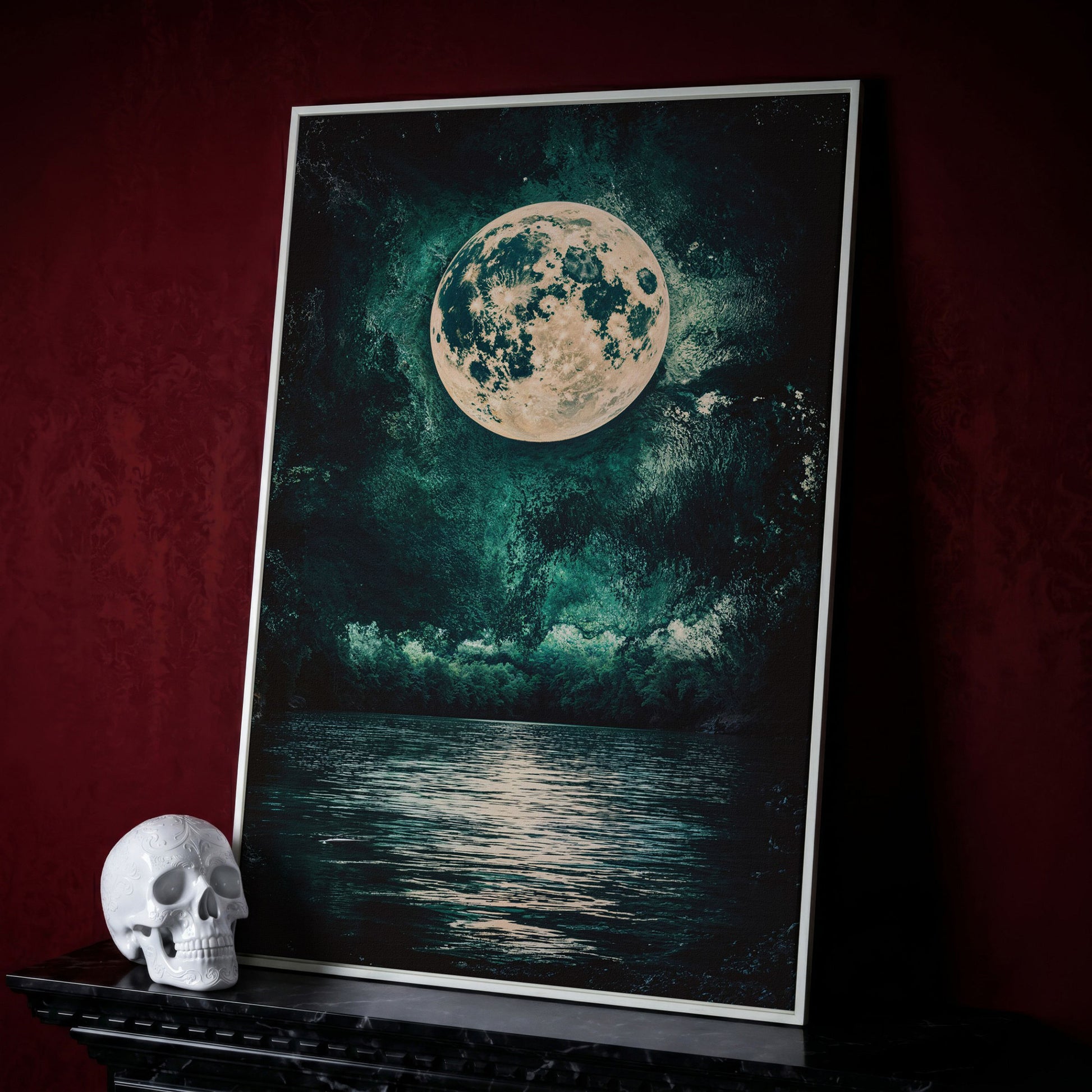 Full Moon Over Still Lake, Painterly Sky Canvas Art in white floating frame